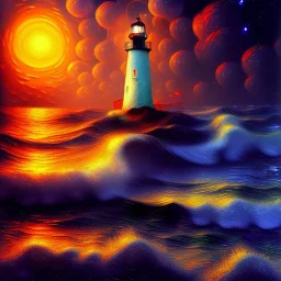 Fantasy, light house, Rocks, lighting, surreal, waves crashing below, 8k, sunset, sketch by Van Gogh in oil