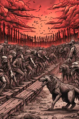 A lot of Prisoners line up in hell in front of a big wall , red clouds in the sky with huge amount of dead people laying on the ground