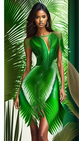 1mannequin, pageant dress, dress inspired by fan palm, pan palm, beautiful, flowing, green, elegant, full body frame, full body, hd, ultra realistic, d