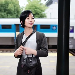 A beautiful slender Asian woman with short black hair waiting for a man at a train station in London