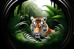 white,background,looking,through,a 3-d, hole,or,window,,and seeing tiger in tropical jungle