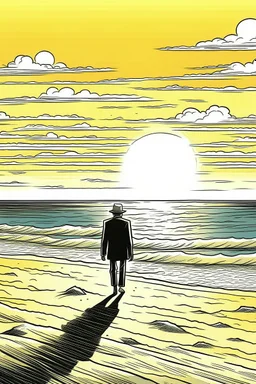 A solitary figure stands on an untouched, sandy beach, gazing at the setting sun painting the sky with warm hues. Footprints in the sand lead towards the horizon, symbolizing the freedom to explore and reflect in peaceful solitude.coloring book page, simple and clean line art, adult drawing book, black and white, crisp black lines, no shades, sharp lines, coloring book for adults, cartoon style, landscape