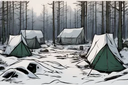 campsite, winter, tents, overgrown, post-apocalyptic, comic book, forest