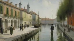 a painting of people walking down a street next to a body of water by Telemaco Signorini, featured on pixiv, american barbizon school, academic art, cityscape, henry moore