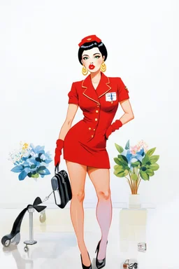 cartoon style full body image of very feminine, black haired 40 year old sexy French stewardess in red uniform with short bob cut and strong, seductive makeup, smoky green eyes, highly shiny white plastic gloves, big thick pouty bright red lips and large golden earrings