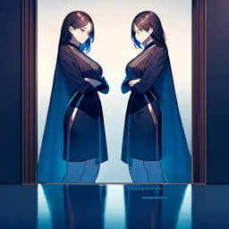 anime girl looking at her reflection in a mirror, seeing herself in the reflection, mirrow image, good and bad, very obvious image of herself.mirror