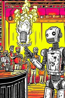 A robot hard rock fan hosts a radio show in a burning club gets yelled at by a human.