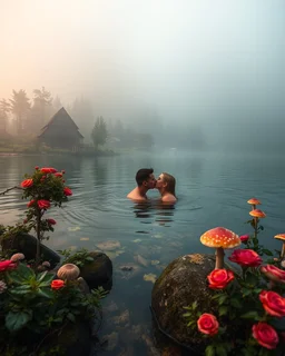 Portrait Romantic European couple swimming kissing together in lake Wonderful landscape fantasy early morning heavy fog photography art Rivendell village,lake,magical forest and houses,beautiful mushrooms,roses flowers,little waterfall,lake,close up photo beautiful romance couples on swimming together in lake