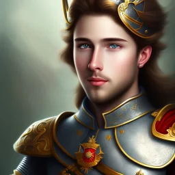 Portrait of a charming prince in armor, without beard.Has grey eyes, black hair.