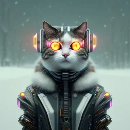 Cyberpunk Portrait of cyborg cat child with brown hair and with cute face, north pole snowy vibe , perfect composition, hyperrealistic, super detailed, 8k, high quality, trending art, trending on artstation, sharp focus, studio photo, intricate details, highly detailed, by greg rutkowski