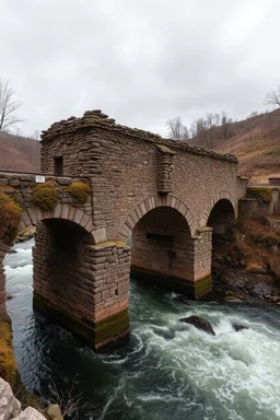 The old ruin bridge over a stormy river