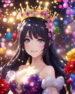 Enter a world of joy and celebration as you meet a delightful anime girl brimming with happiness, her dark shiny hair adorned with a crown of colorful flowers and dressed in a dazzling glittery party dress. Her loving eyes radiate beauty and warmth as she finds herself surrounded by a festive New Year's Eve celebration in the year 2024. This scene comes to life through a meticulously detailed digital painting, bursting with vivid, colorful, and vibrant hues, capturing the excitement and magic of