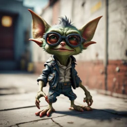 cool gremlin leaning against a wall, wearing flip down colored glasses, in the style of a fallout 4,bokeh like f/0.8, tilt-shift lens 8k, high detail, smooth render, down-light, unreal engine, prize winning