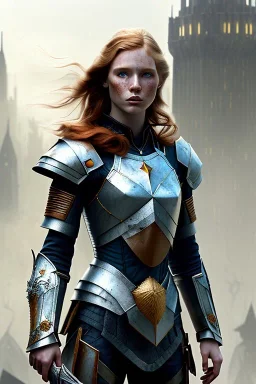 ultrarealistic, ruined city,__skimpy fantasy armor__, no star, __angles__, 18 year old woman, strikingly beautiful,ginger hair, _colour_, (pale __skincolor__ skin:1.2), __camera__, _hair_, detailed face and eyes, medium breasts, fantasy theme, freckles, dynamic pose, resolved expression, __accessory__, strappy outfit, (straps:1.1), sword in scabbard on left hip, (buckles, buttons, snaps, rings:1.0), haltertop style breastplate, detailed eyes, plump lips