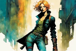 create an imaginative full body print illustration of an ethereal, otherworldly , pale anthropomorphic female thief with short flaxen hair wearing ragged leather clothing and boots , in the comic book art style of Bill Sienkiewicz, Mike Mignola, and Jean Giraud Moebius, with highly detailed feminine facial features , finely drawn, colored and inked,