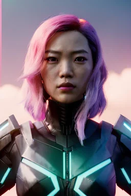 portrait, Asian cyborg woman :: symmetry photography, cyberpunk style, pink hair, makeup, line eye, light iris, :: black samurai armor, japanese traditional pattern, wires and circuits, pink, white, black :: cinematic, Ultra realistic, dark scene, soft color, highly detailed, unreal engine 5, RTX, ultra detail, 3d, finely drawn, high definition.