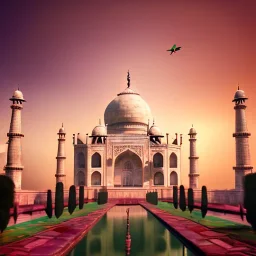 The Taj Mahal, Hindistan, sunset, rainbow sunset, fantasy art, flying birds, springs