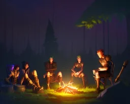 Adventurers resting around a campfire with a cooking pot in a forest clearing at night, starry sky, dark fantasy, high detail, high definition, big adventuring bags, misty