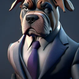 Illustrative sketch of a Pixar 3D image of an angry humanoid dog, suit and tie, ultra quality, 8k