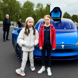 Greta Thunberg holding driving a tesla