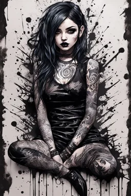 Petit girl goth many tattoos on his body, lying pose, fullbody, PAPERCUT style portrait multi layered metalics and rough texture paint splashes and streaks and blotches industrial