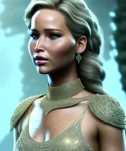 A portrait of a crystalised queen Jennifer Lawrence, atmospheric, realistic, unreal engine, cinematic lighting, octane render,8K, dark,