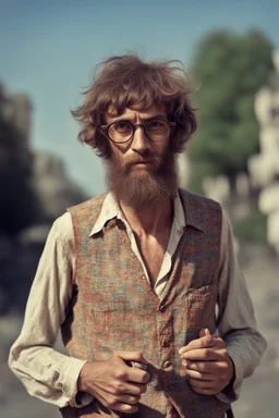 Hippie bohemian young ugly man with Parisian bohemian look and glasses of colours and poor and short short short and poor hair on the head with receding hairline. Farsightedness glasses with big eyes. Long beard. Vintage look and feel like photo styleof the 70s