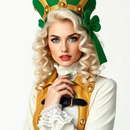 A beautiful woman with platinum blonde hair, curly hair, wearing St. Patrick style clothing, St. Patrick headdress, gold leather, buckles and eyelets, black leather belt, white lace, black boots, green fingernails, model in the style of Hapers BAZAAR of the 40s, white background.