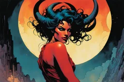 create a ethereal, otherworldly seductive ancient female succubus , in the comic book art style of Mike Mignola, Bill Sienkiewicz, and Jean Giraud Moebius, with highly detailed and sharply defined feminine facial features , finely penciled and inked , dramatic natural lighting