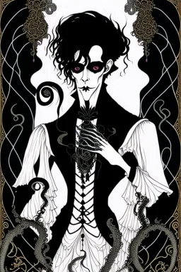 gothic creepy handsome black haired warlock with gothic jewelry and tentacle hands in the style of aubrey beardsley