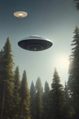 a group of school kids see a saucer shaped ufo::25 flying over tall pine trees, year is 1966 in color, concept art, by Asaf Hanuka, by Weta Digital, Electric Colors, Screen Space Global Illumination, in a symbolic and meaningful style