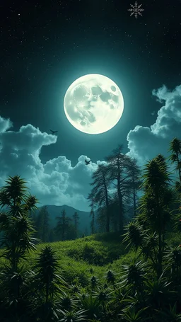 bright full moon landscape on green planet, space meteorites, stars in the night sky, fantasy plants on theof marijuana trees split toning effect, subsurface gaussian scattering, dark fantasy, dark botany, photorealistic image, ultra-details, Marijuana trees birds flying in to the sun clouds around the sun