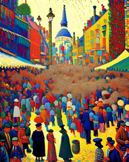 A vibrant portrayal of a bustling marketplace in a historic city, filled with merchants, performers, and colorful stalls, in the style of pointillism, small dots of color, a lively atmosphere, and a rich tapestry of sights and sounds, inspired by the works of Georges Seurat and Paul Signac, capturing the energy and excitement of urban life.