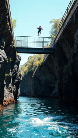 A diver man jumping from a top of a bridge to the bottom water