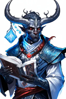 En Young male black skin tiefling fra dnd holding a book with Arcane Magic in a silver and White Rope. His horn a perfectly place on acet from the front to the back pointing upwards with glowing Red cat Eyes glowing Blue Arcane Magic around them ice crystals flowing around him. His close is elegant get simple