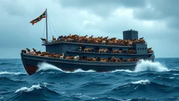 Noah's ark, massive and impressive as in the Biblical story. Many animals on board. Stormy sea. Award-winning colour photograph, beautiful composition, exquisite detail, Nikon 85mm