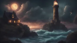 fantasy style. stormy night, island, lighthouse and witch tower
