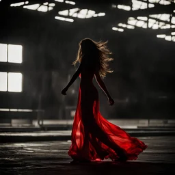 blurred image, silhouette of dancing woman with long moving hair, on a boxing ring, red dress, abandoned hangar, rain