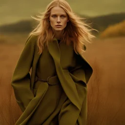 a woman walking through a lush green field, vogue fashion photo, brown tuffle coat, beautiful swedish forest view, mages, film still from dune 2020, britt marling style 3/4, patrick demarchelier, tarot card the hermit, sleek flowing shapes, by Cicely Hey, idyll, taupe, blond brown long hair --v 5. 2 --ar 3:4