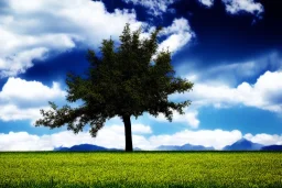 Tree on field, clouds, mountains