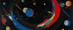A black outer space with warped planets painted by Wassily Kandinsky