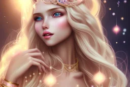 smiling, beautiful, soft,smiling, straight and long blonde hair, dewy and shiny atmosphere, diamond crown, long fairy wings in the back, full head, curly hair, golden veil clothes, bacground pink and blue