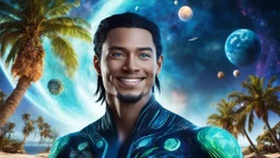 beautiful gorgeous young man na'vi with long hair, Avatar, blue skin, two small ears, green eyes, black hair, in cosmic suit, galactic ambiance, medium pointy goatee , smiling, with spaceship and planets and palm trees and clear crystaline cosmic beach in background