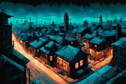 create a hyper detailed illustration of a small Victorian ghost town with tree lined streets in the comic art style of FRANK MILLER and BILL SIENKIEWICZ, searing lines and forceful strokes, precisely drawn, boldly inked, with gritty textures, dark foreboding color, dramatic otherworldly lighting, 8k, isometric view