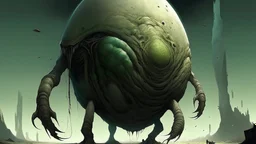 The image depicts a surreal and eerie scene featuring a large, bulbous creature with a textured, organic appearance. The creature has a massive, egg-like head with a smooth, almost spherical surface. It is supported by a series of long, slender legs that are also textured, resembling the body of a large, segmented creature. The legs are arranged in a way that suggests movement, with some legs appearing to be in motion, as if they are walking or crawling. The background is a desolate, barren land