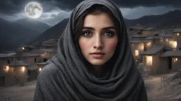 Hyper Realistic close-up-photographic-view of Beautiful-Pashto-Girl covering her face with grey-shawl with beautiful eyes wearing-black-dress standing outside village-houses giving-bold-expressions on mountain-top at night with cloudy-moonlight showing dramatic & cinematic ambiance