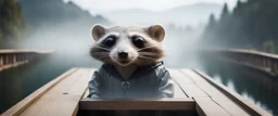 close up on huge dented glowing ghost transparent rat racoon in designer clothes in fast boat with googly eyes, raised by ninja necromancer in the wild, on wooden bridge by lake in surreal reflecting stone chrome landscape, background motion blur, volume light fog, rays, 4d maze