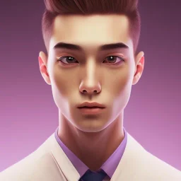 man, cute face, white highlight hair, brown eye, white, skin, purple suits, futuristic, science, purple, blue, dark pink background lighting, technology, profile, asian boy, square face, light orange