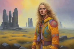 Beautiful blonde brown woman with freckles, wearing a colorful, vibrant, detailed embroidered costume, medium-full shot, in misty stonehenge moor landscape gilet jaune scene, Smokey fluo, by Michael Whelan