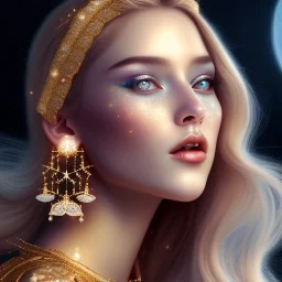 beautiful young woman singing at moon, golden jewelry, ice cold, winter, magnificent, majestic, highly intricate, incredibly detailed, ultra high resolution, complex 3d render,